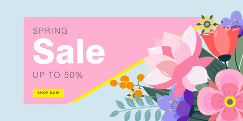 Banner spring sale discounts for goods up to 50% in the online store with bright flowers on a pink-blue background with text