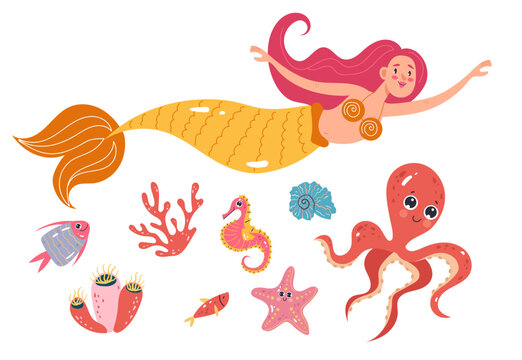 Mermaid set kids animal sea life cute element on isolated background. Vector graphic design illustration