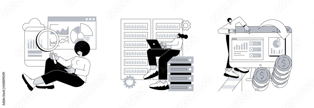 Poster data business strategy abstract concept vector illustration set. data driven business model, databas