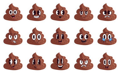 Poop excrement cute character kawaii shit emoticon poo emoji isolated set. Vector graphic design illustration