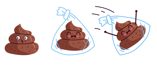 Poop excrement cute character kawaii shit emoticon poo emoji isolated set. Vector graphic design illustration
