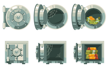 Steel safe box with gold bar and money security deposit bank safety concept. Vector graphic design illustration
