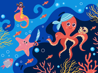 Fototapeta na wymiar Pirate sea animal character ocean party underwater concept. Vector graphic design illustration