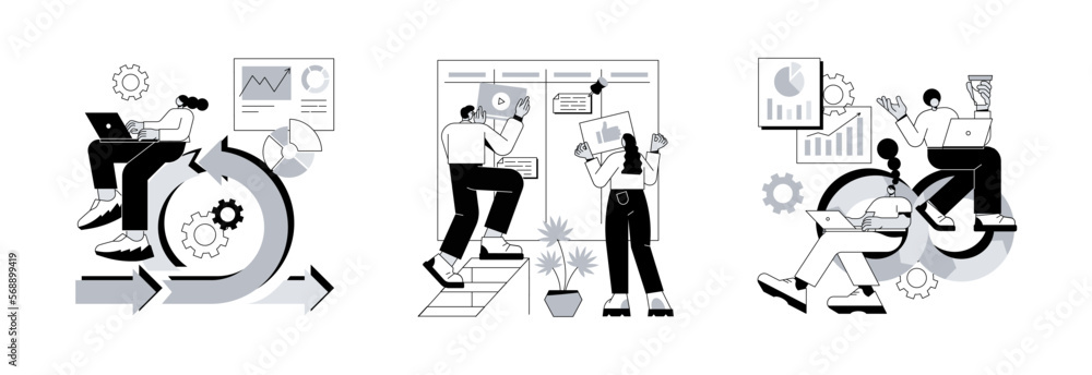 Poster software development company abstract concept vector illustration set. agile project management, kan