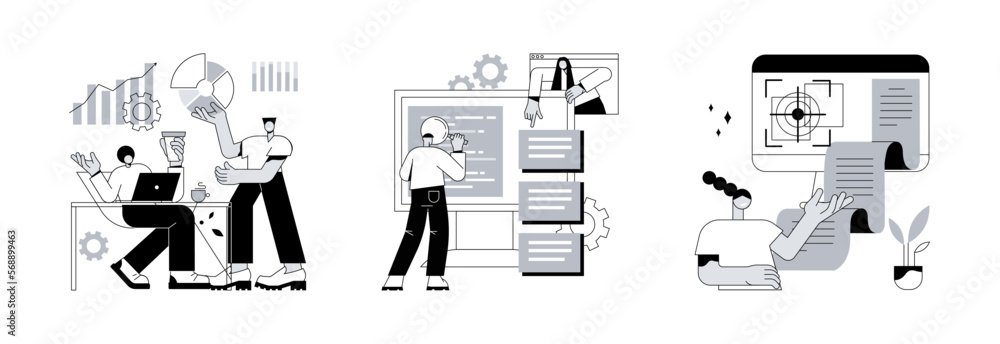 Poster project development specifications abstract concept vector illustration set. business analysis, soft