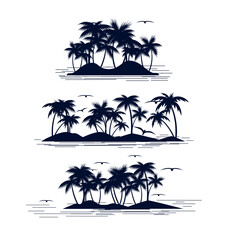 An island with palm trees. Ocean. Black silhouette. Vector set.