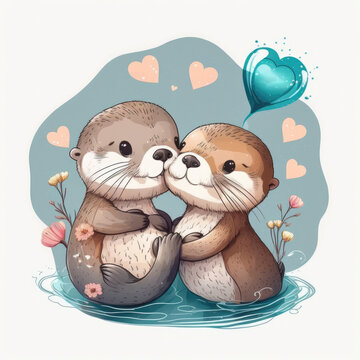 cute couple of otters blowing hearts, love, valentine, vector, AI assisted finalized in Photoshop by me 