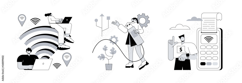 Aufkleber device connectivity abstract concept vector illustration set. wi-fi, usb and nfc connection, network