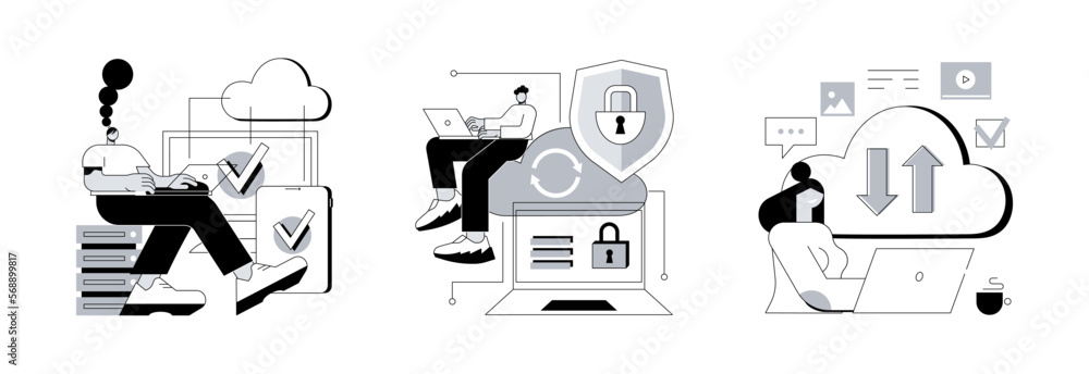 Poster cloud software abstract concept vector illustration set. saas technology, cloud computing security, 