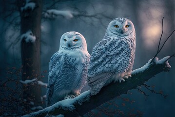 Winter woodland, with two snowy owls perched on a branch. Generative AI