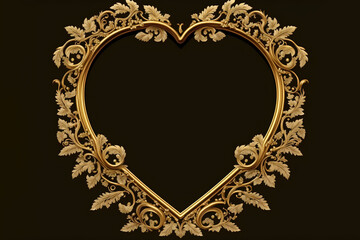 frame with heart ornate of gold Vine Leaves, illustration, Valentines Day heart gold frame border romantic empty frame. Generative Ai