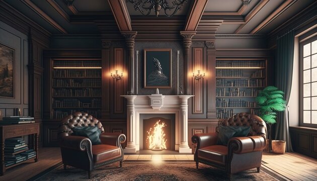  a living room with a fire place and a chair and a chair in front of a fireplace with a painting on the wall behind it.  generative ai