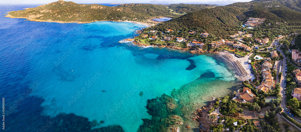 Poster sardegna (sardinia) island aerial drone view of best beaches. pevero beach near porto cervo in emera