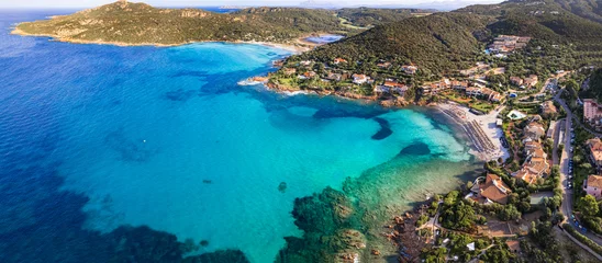 Foto auf Glas Sardegna (Sardinia) island aerial drone view of best beaches. Pevero beach near Porto Cervo in emerald coast (Costa Smeralda), Italy © Freesurf