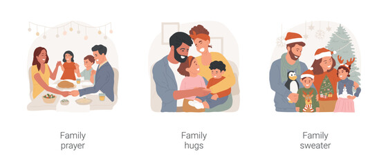 Family tradition isolated cartoon vector illustration set. People pray together, holding hands in prayer, happy moment, hug each other, family members wearing same sweater design vector cartoon.