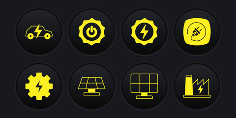 Set Gear and lightning, Electric plug, Solar energy panel, Lightning bolt, Power button, Nuclear power plant and car icon. Vector