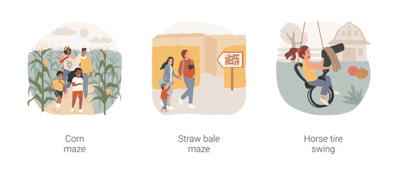 Family outdoor fun activities isolated cartoon vector illustration set. Parents and kids walk together in a corn maze, labyrinth made with straw bales, child in diy horse tire swing vector cartoon.