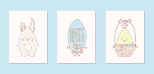 Easter cards set with bunny, chick, basket, egg for invination, banner. Vector illustration for greeting