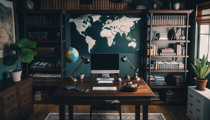  a home office with a desk, bookshelf, and a world map on the wall above the desk is a potted plant.  generative ai