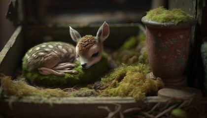  a small deer is sitting in a mossy box next to a potted plant and a potted plant on a shelf with moss.  generative ai