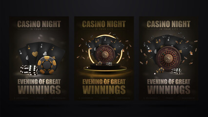 Casino night, set of invitation black posters with black and gold casino elements. Posters with Casino Roulette wheel, playing cards and poker chips
