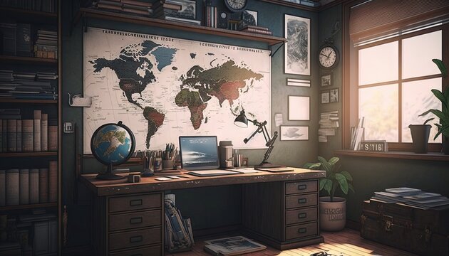  a room with a desk and a world map on the wall and a laptop on the desk in front of a window with a potted plant.  generative ai