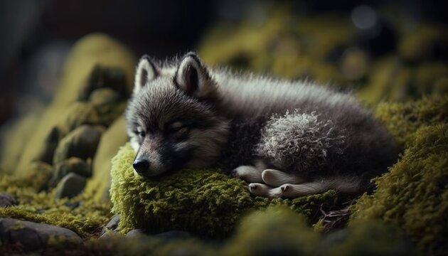  a baby wolf is sleeping on a mossy surface with its head on a rock and eyes closed to the side of the picture, with its eyes closed eyes closed.  generative ai