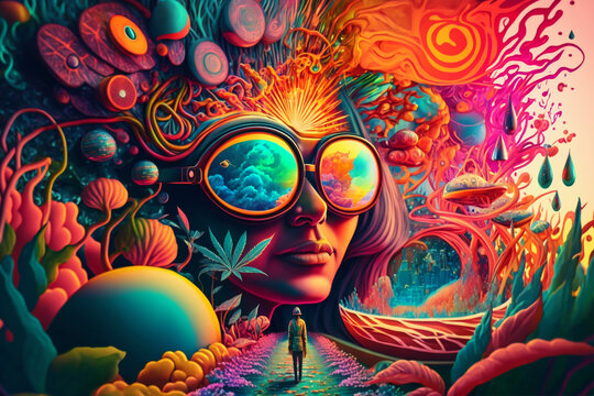 Psychedelic trip into wellness and escapism with surrealis and vibrant trippy illustrations. Generative AI