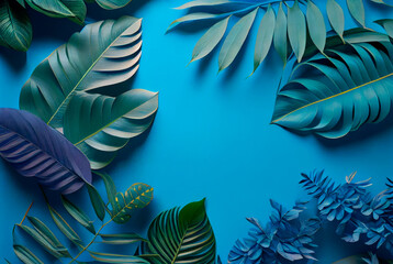 Fototapeta na wymiar Collection of tropical leaves,foliage plant in blue color with space background. Ai generated