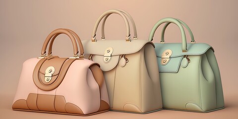 Three women's different bags that stand side by side on a light beige background. realistic image,hd-denoise