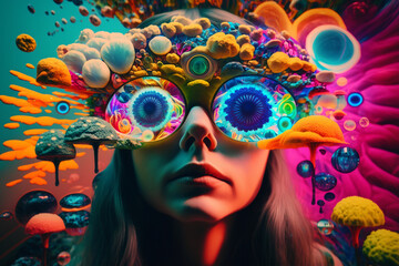 Psychedelic trip into wellness and escapism with surrealis and vibrant trippy illustrations. Generative AI