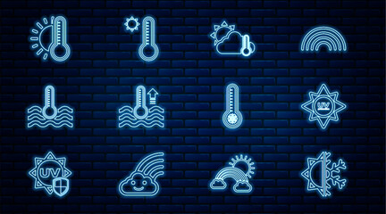 Set line Sun and snowflake, UV protection, Thermometer cloud, sun, Water thermometer, with, Meteorology and icon. Vector