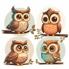 set of cute colorful owls isolated on white background