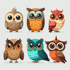 set of cute colorful owls isolated on white background