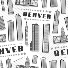 Vector Denver Seamless Pattern, square repeat background with illustration of famous denver city scape on white background for wrapping paper, monochrome line art urban poster with black text denver