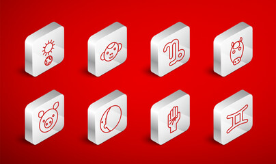 Set line Gemini zodiac, Monkey, Capricorn, Horse, Palmistry of the hand, Solstice, Eclipse sun and Pig icon. Vector