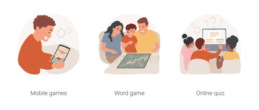 Brain games isolated cartoon vector illustration set. Mobile brain training apps, parents and kids playing word game, group of people solve online quiz together, leisure activity vector cartoon.