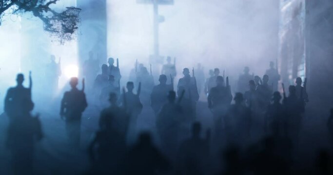 War Concept. Military silhouettes fighting scene on war fog sky background, World War Soldiers Silhouette Below Cloudy Skyline At night. Battle in ruined city. Selective focus