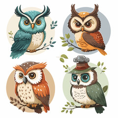 set of cute colorful owls isolated on white background