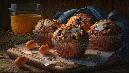  three muffins on a cutting board next to some eggs and a glass of orange juice on a wooden table with a blue cloth.  generative ai