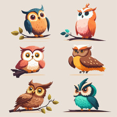 set of cute colorful owls isolated on white background