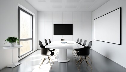  a room with a white table and black chairs and a white wall with a picture on the wall and a plant in the corner of the room.  generative ai