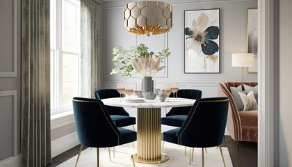 a dining room with a round table surrounded by blue chairs and a gold chandelier hanging from the ceiling and a white rug on the floor.  generative ai