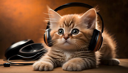 kitten with headphones listening to music, music concept, animals, tenderness