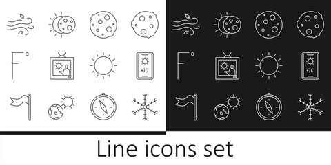 Set line Snowflake, Weather forecast, Moon, Fahrenheit, Wind, Sun and Eclipse of sun icon. Vector - obrazy, fototapety, plakaty