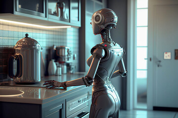 Humanoid android, domestic service, housewife, housekeeper. Technology used in private homes. Future with robots helping around the house, in the kitchen.  Generative AI.
