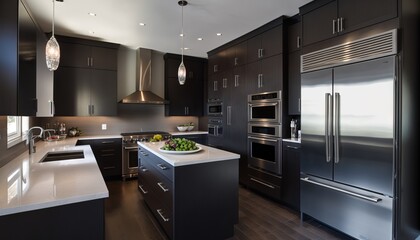  a modern kitchen with stainless steel appliances and a center island with a bowl of fruit on top of the island, and a stainless steel refrigerator.  generative ai