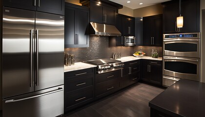  a modern kitchen with stainless steel appliances and dark wood cabinets and counter tops, along with dark wood flooring and a stainless steel refrigerator.  generative ai