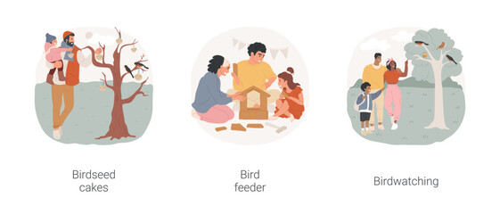 Nature connection activities isolated cartoon vector illustration set. Family hanging DIY birdseed cakes on a tree, parent and child build bird feeder, birdwatching with children vector cartoon.
