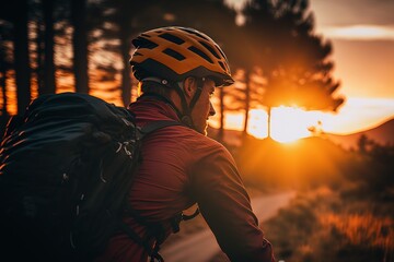 Silhouette of cyclist riding on a dust trail at countryside during sunset. Generative AI